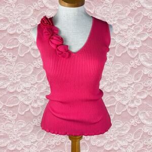Cache Tank Top Pink Ribbed Floral Embellishment Size Medium Y2K